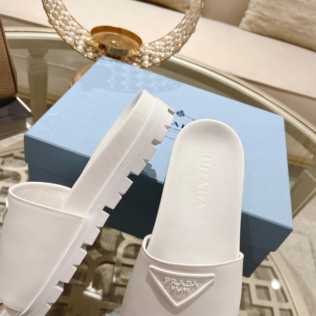 Prada Logo Rubber Slides "White"