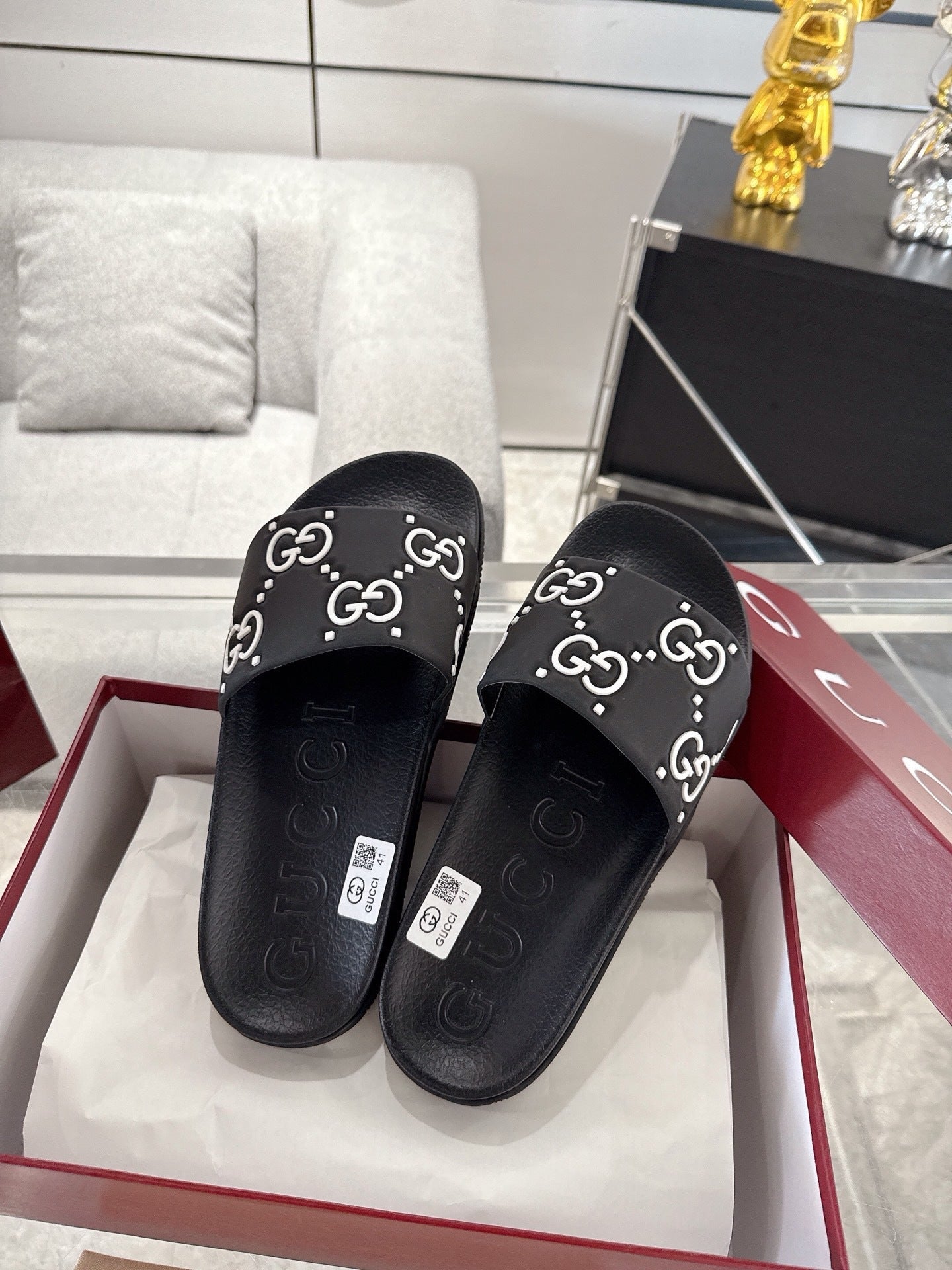 Gucci GG Rubber Slides "Black-White"