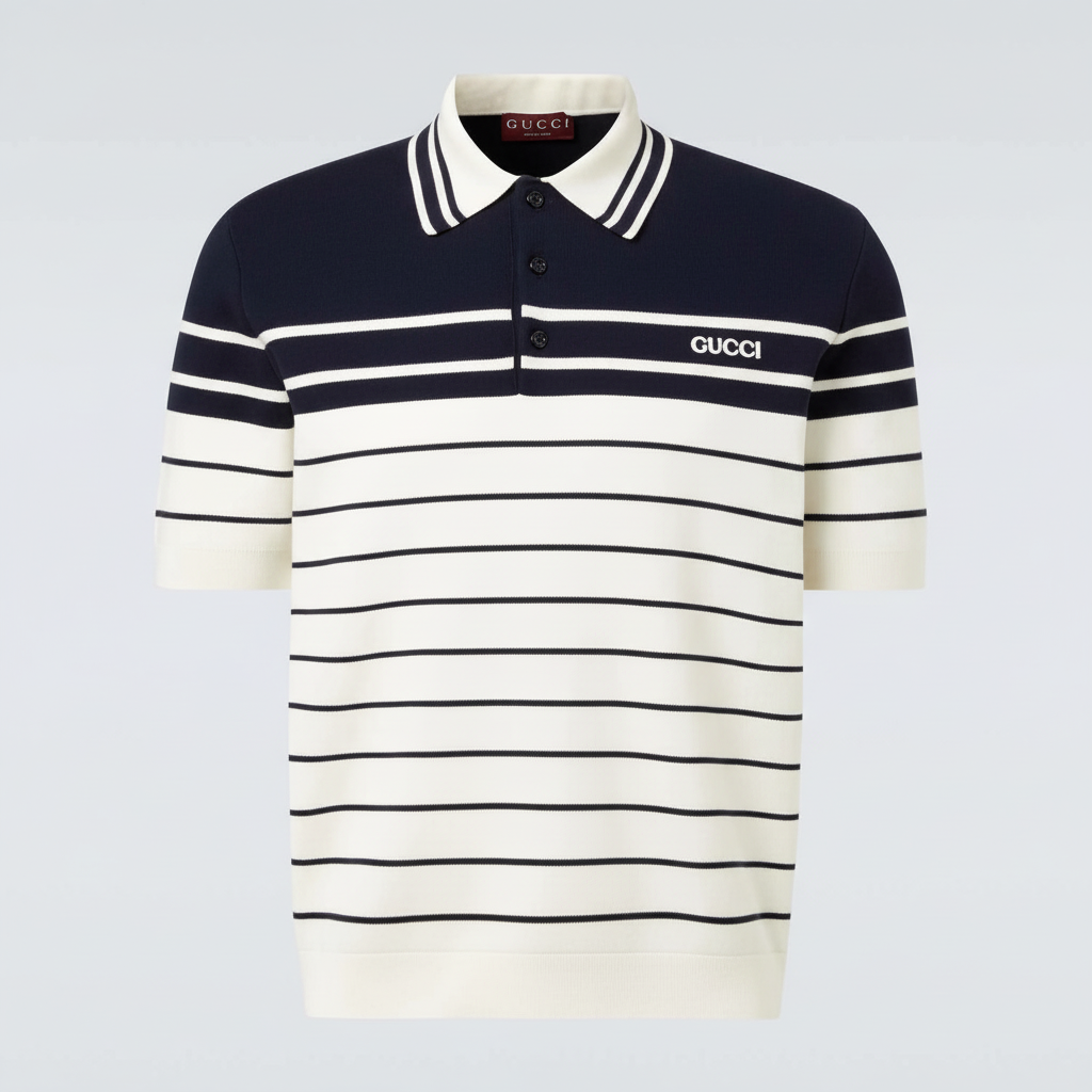Gucci Logo Striped Cotton Polo T-Shirt "Navy Blue-White"