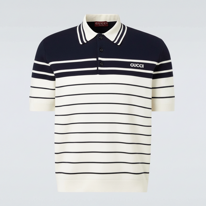 Gucci Logo Striped Cotton Polo T-Shirt "Navy Blue-White"