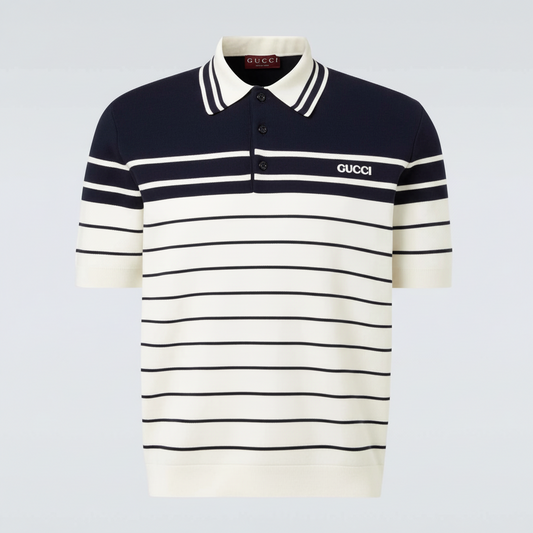 Gucci Logo Striped Cotton Polo T-Shirt "Navy Blue-White"