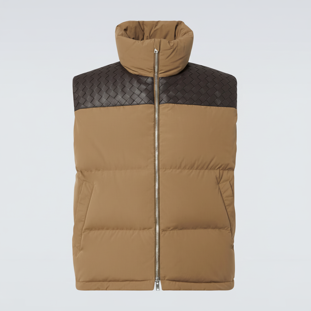 Bottega Veneta Intrecciato Poplin Down Vest "Camel-Black"