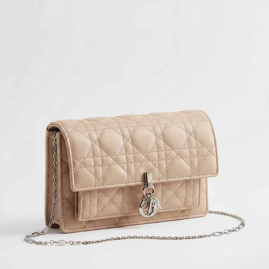 Dior My Dior Daily Pouch with Chain "Powder Beige Cannage Lambskin"