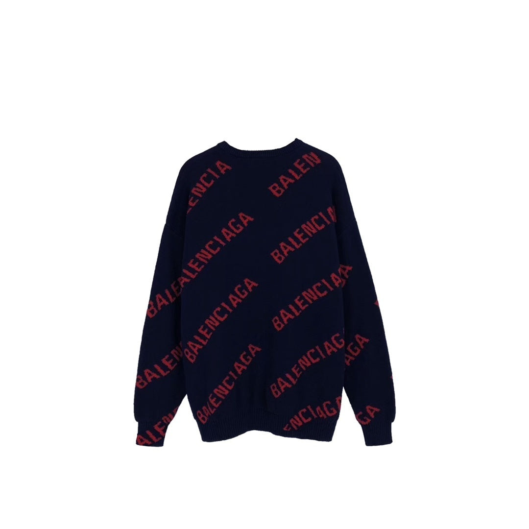 Balenciaga All-Over Logo Sweater "Navy Blue-Red"