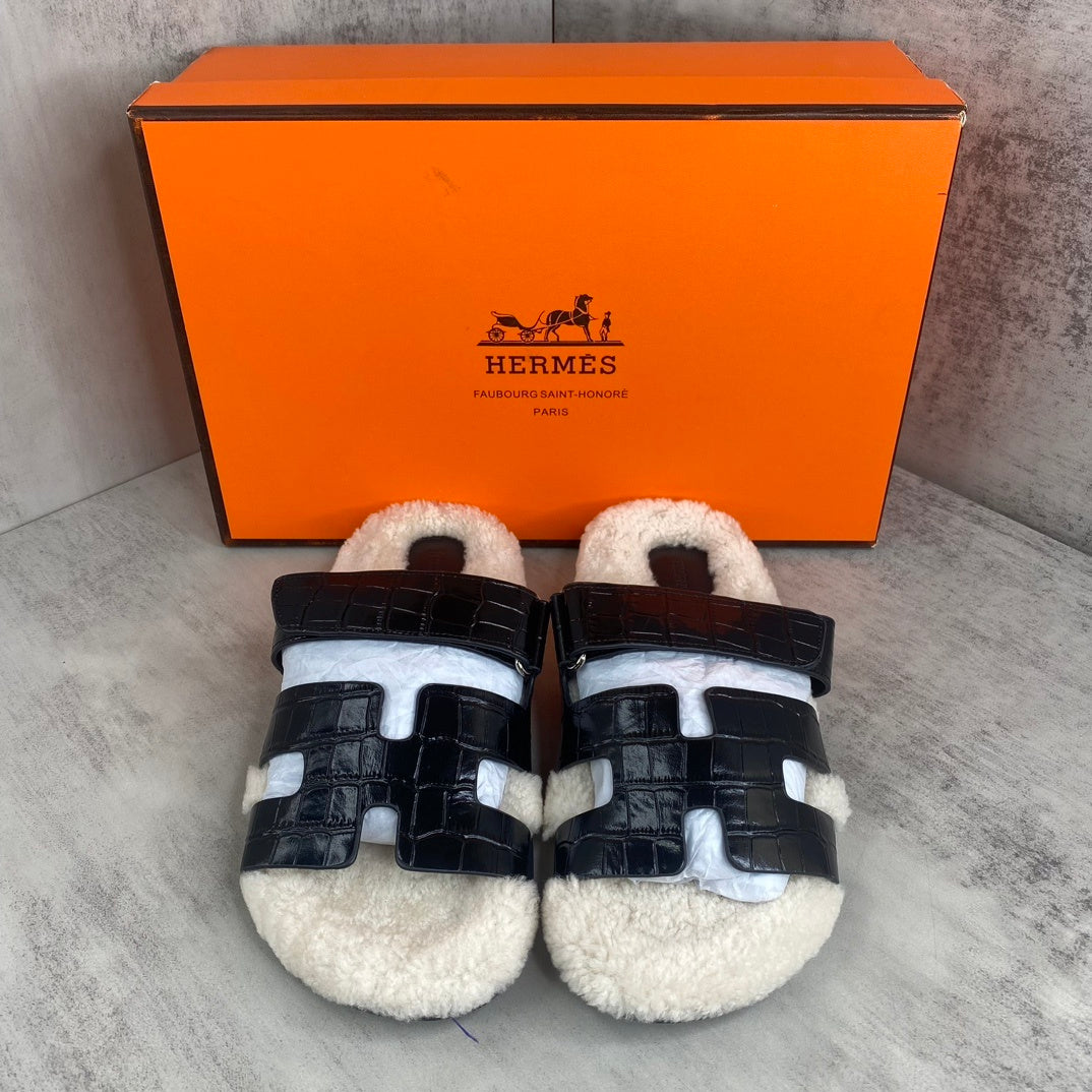 Hermes Chypre Sandals "Black Crocodile Pattern"