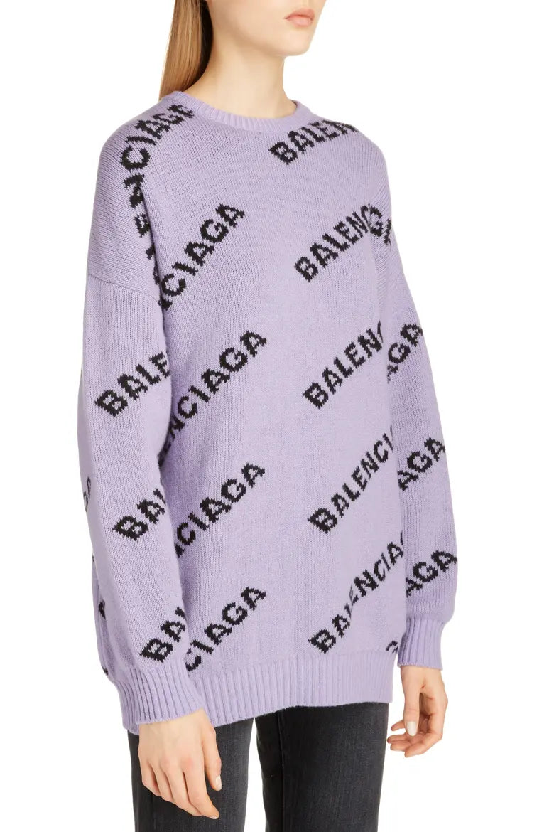 Balenciaga All-Over Logo Intarsia Knit Sweater "Lilac-Black"