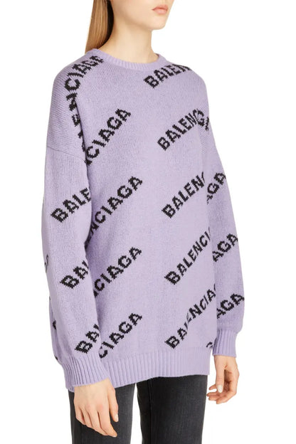Balenciaga All-Over Logo Intarsia Knit Sweater "Lilac-Black"
