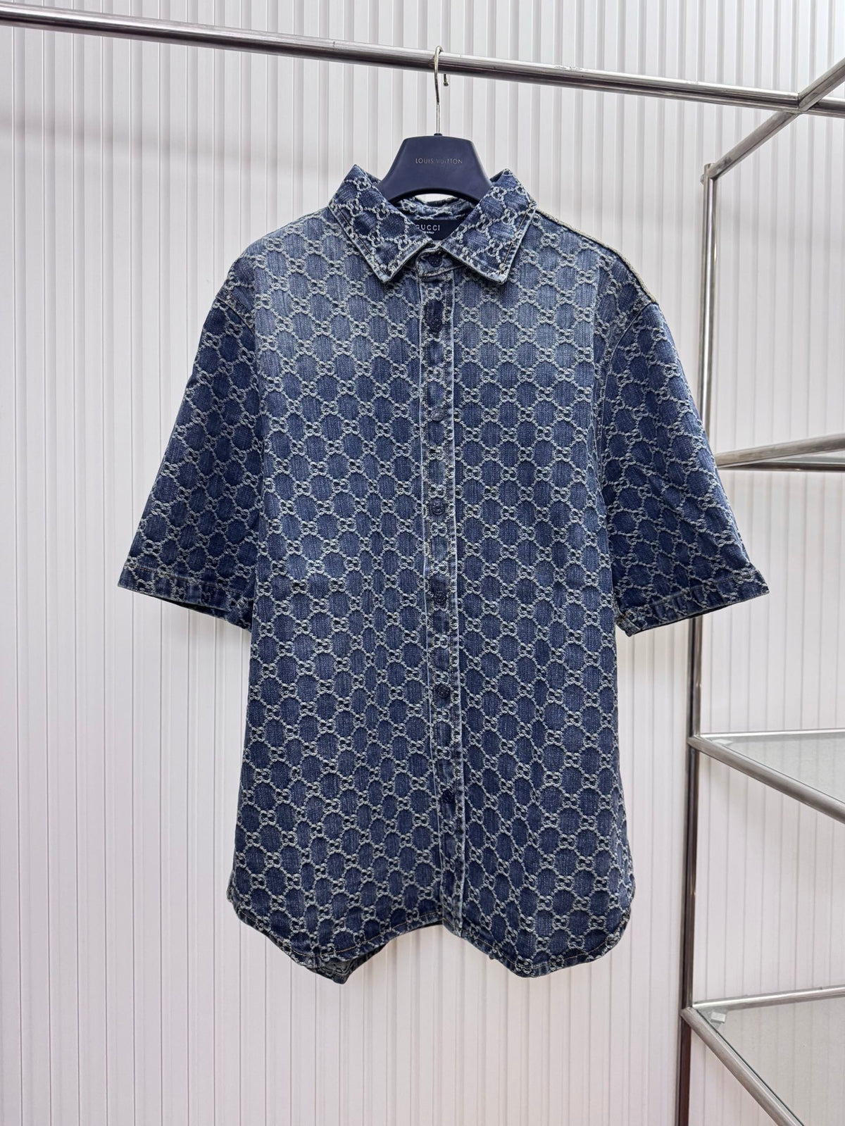 Gucci GG Cotton Denim Jacquard Short-Sleeve Shirt