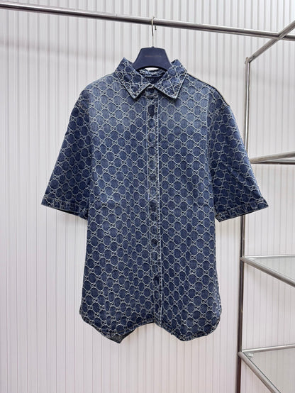 Gucci GG Cotton Denim Jacquard Short-Sleeve Shirt