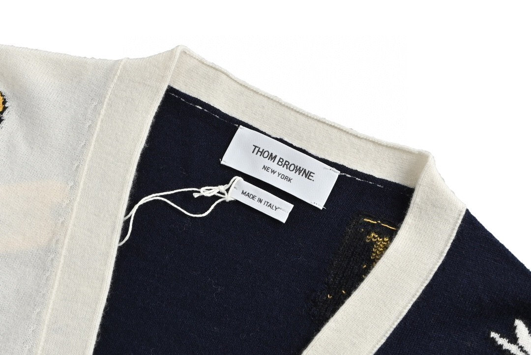 Thom Browne 4-Bar Bees and Birds Cardigan "Navy Blue/White"