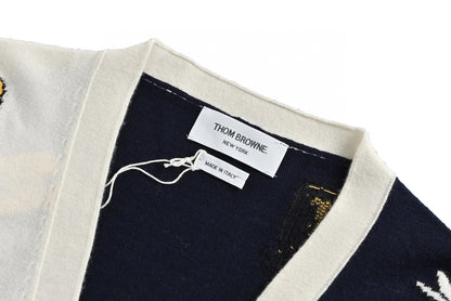 Thom Browne 4-Bar Bees and Birds Cardigan "Navy Blue/White"