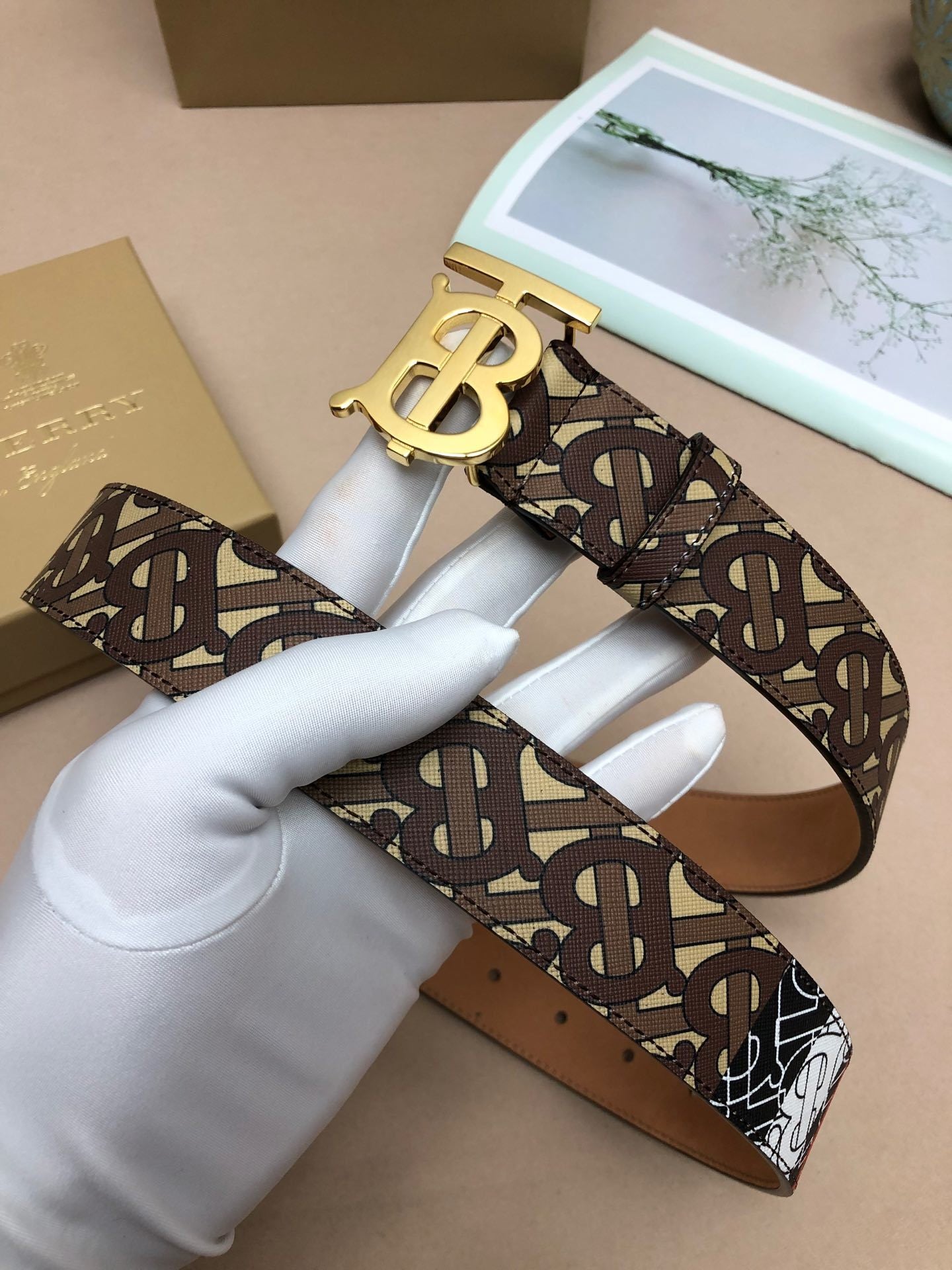 Burberry Monogram 35mm Stripe E-canvas and Leather Belt "Bridle Brown"