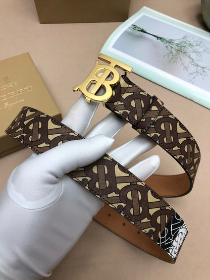 Burberry Monogram 35mm Stripe E-canvas and Leather Belt "Bridle Brown"