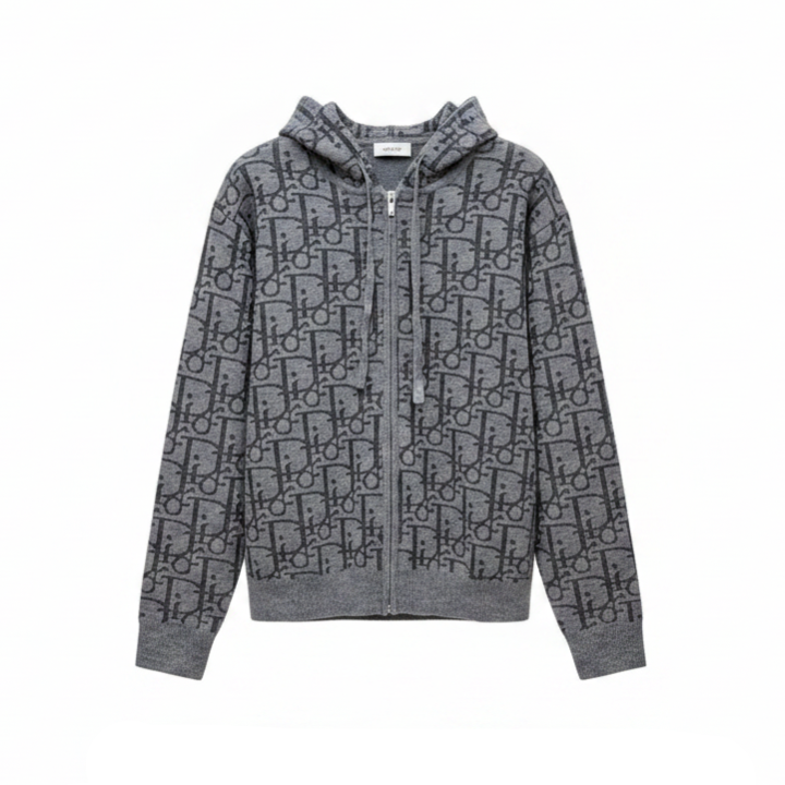 Dior Hooded Zip-up Cardigan "Gray Dior Oblique Wool Blend Jacquard"