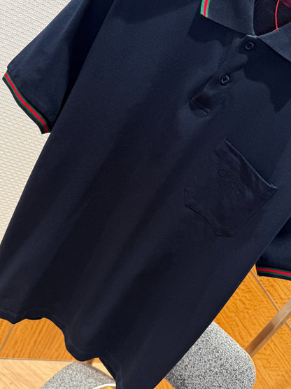 Gucci Embroidered Stretch Cotton Polo T-Shirt "Dark Blue"