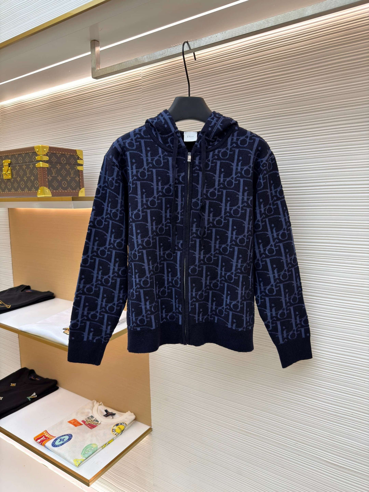 Dior Hooded Zip-up Cardigan "Navy Blue Dior Oblique Wool Blend Jacquard"