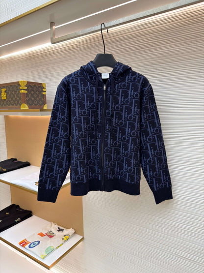 Dior Hooded Zip-up Cardigan "Navy Blue Dior Oblique Wool Blend Jacquard"