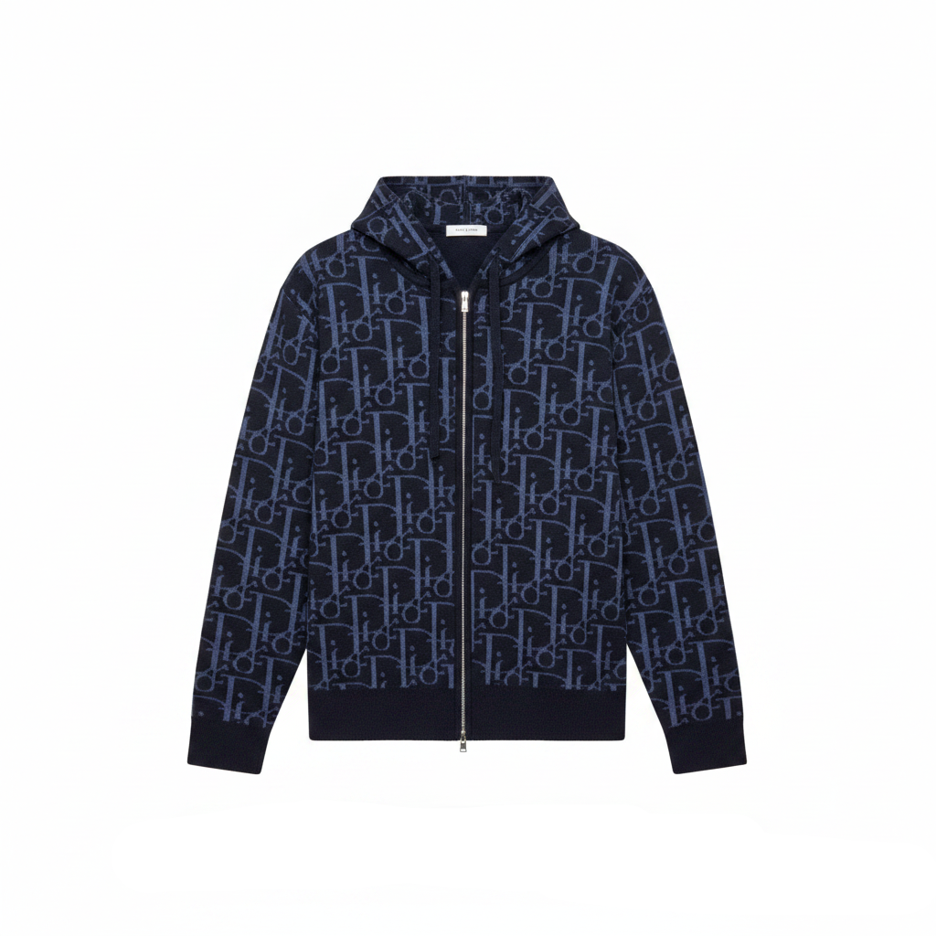 Dior Hooded Zip-up Cardigan "Navy Blue Dior Oblique Wool Blend Jacquard"