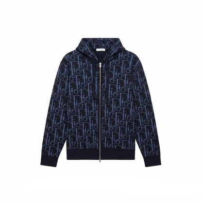 Dior Hooded Zip-up Cardigan "Navy Blue Dior Oblique Wool Blend Jacquard"