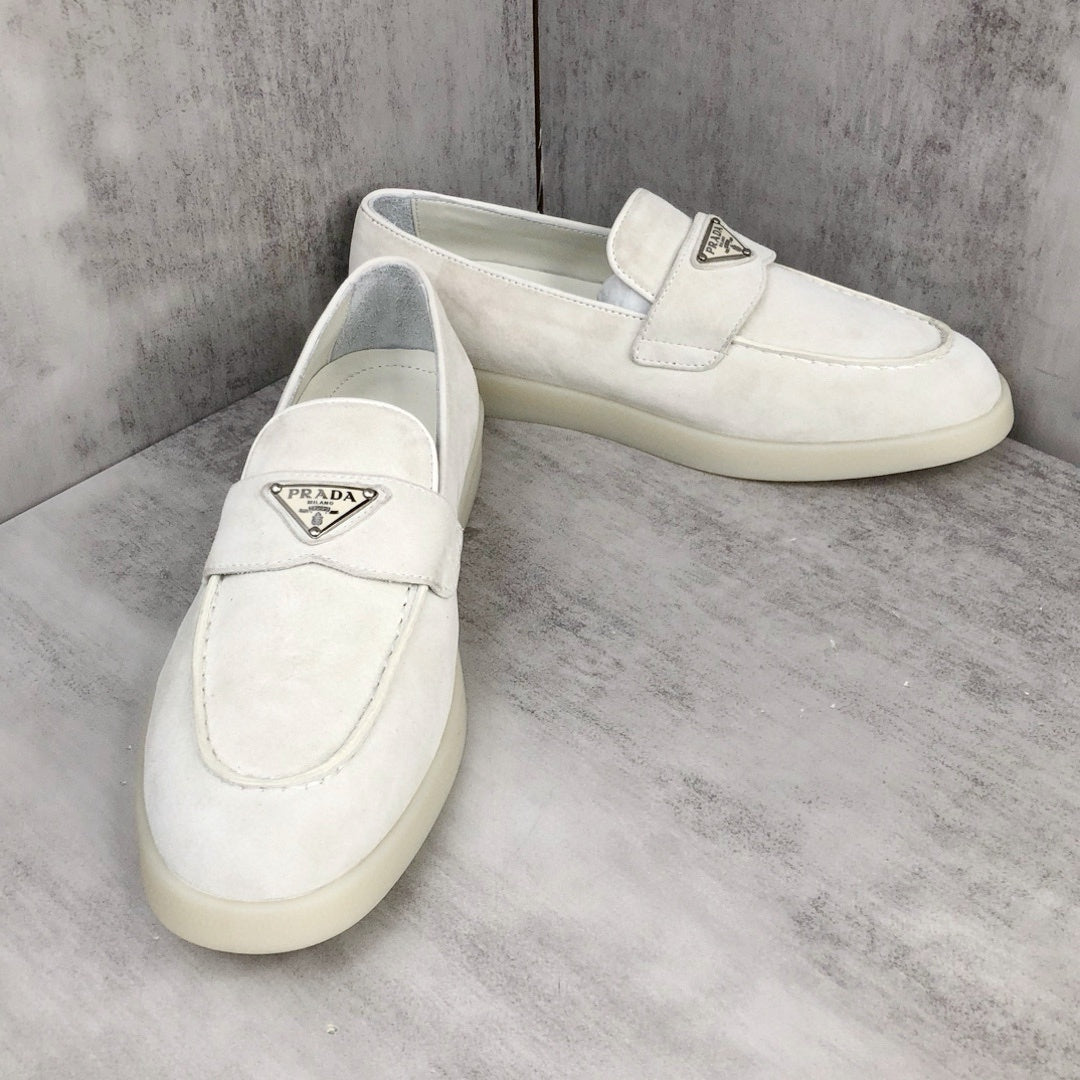 Prada Logo-Plaque Suede Loafers "White"