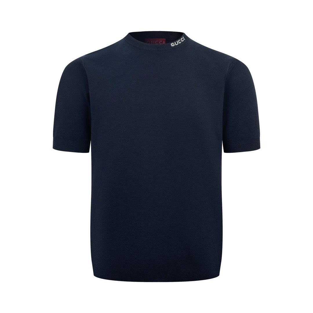 Gucci Silk Cotton T-Shirt with Gucci Intarsia "Navy Blue"
