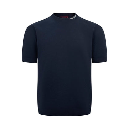 Gucci Silk Cotton T-Shirt with Gucci Intarsia "Navy Blue"