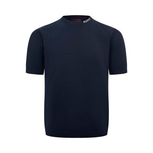 Gucci Silk Cotton T-Shirt with Gucci Intarsia "Navy Blue"