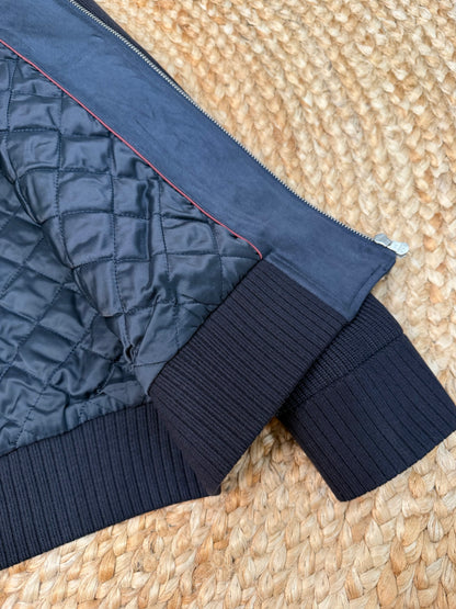 Brunello Cucinelli Suede and Wool Knit Bomber Jacket "Navy Blue"