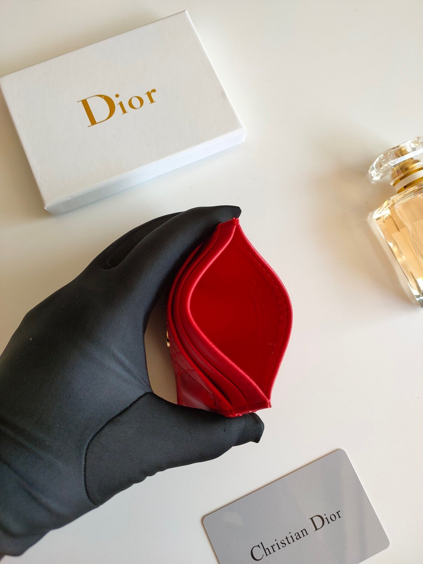 Dior Caro Freesia Card Holder "Red Supple Cannage Calfskin"