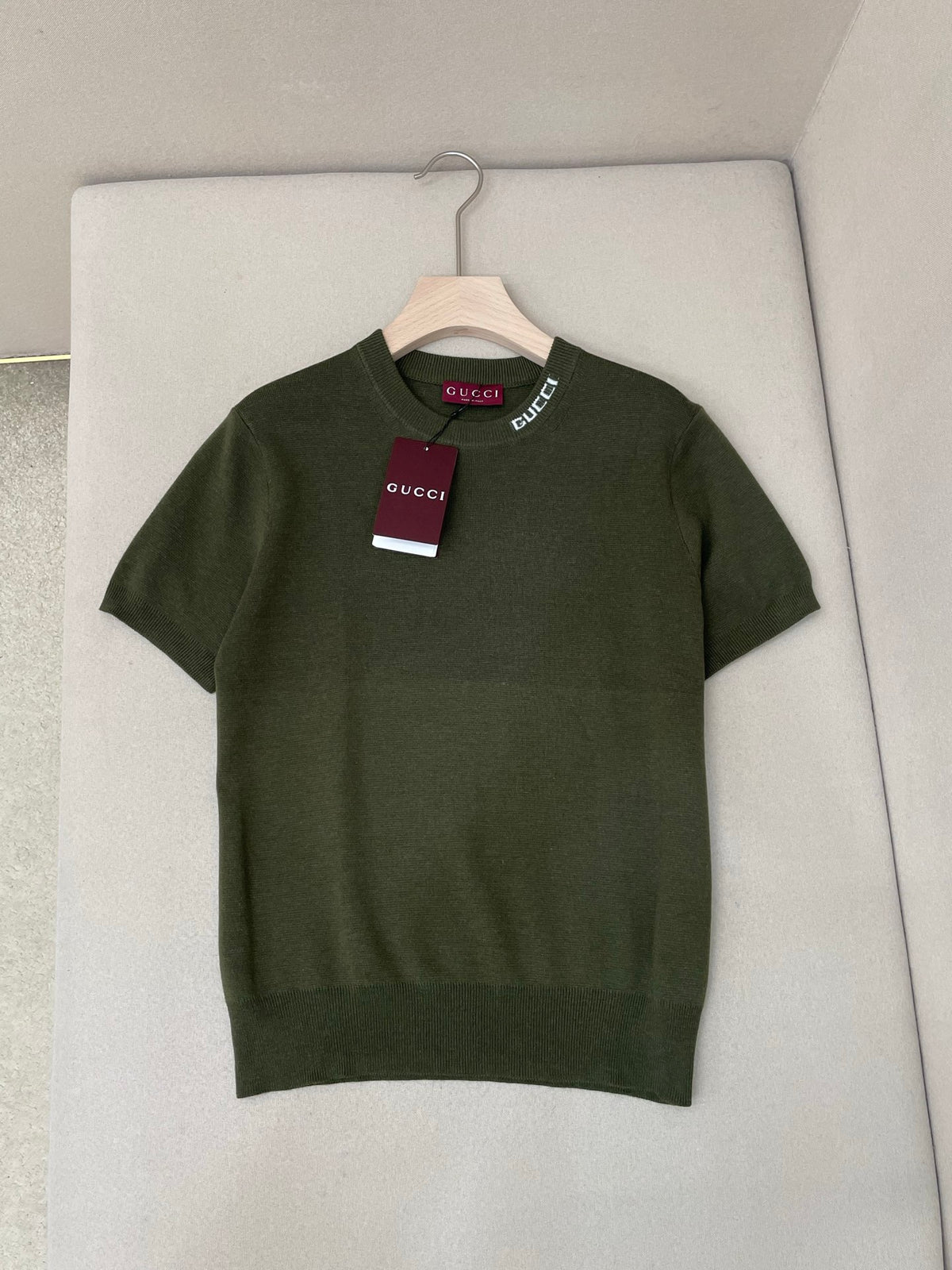 Gucci Silk Cotton T-shirt with Gucci Intarsia "Forest Green"