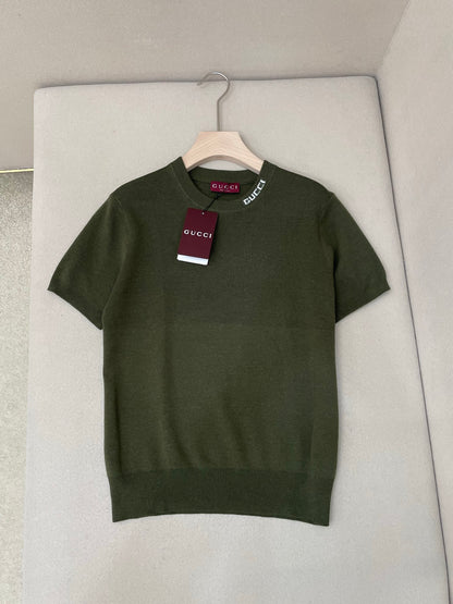 Gucci Silk Cotton T-shirt with Gucci Intarsia "Forest Green"