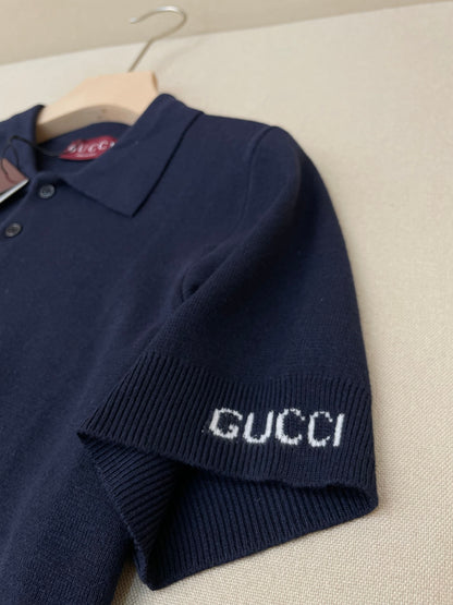 Gucci Silk Cotton Knit Polo Shirt "Navy"
