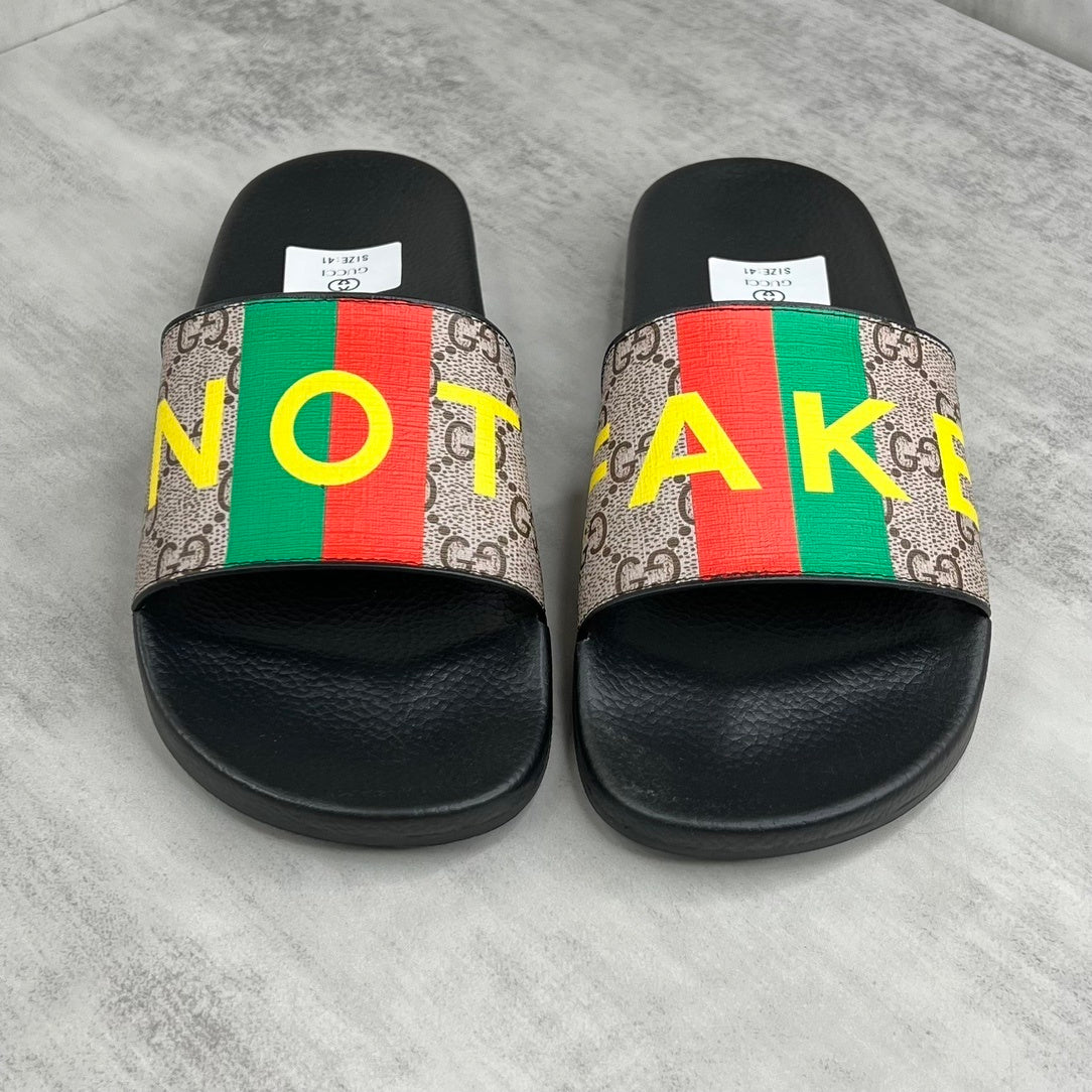Gucci Not Fake Print Slides "Black-Beige"