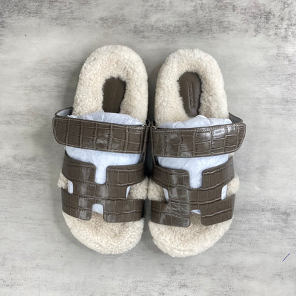 Hermes Chypre Sandals "Taupe Crocodile Pattern"
