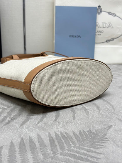 Prada Medium Linen Blend and Leather Tote Bag