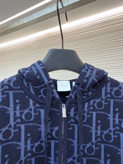 Dior Hooded Zip-up Cardigan "Navy Blue Dior Oblique Wool Blend Jacquard"
