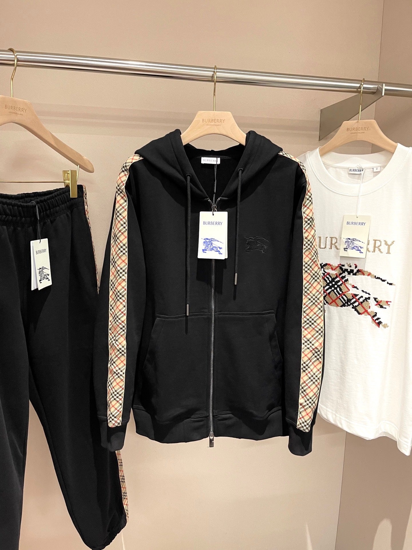Burberry Check Trim Cotton Zip Hoodie "Black"