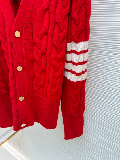 Thom Browne Cable-knit Wool Cardigan "Red"