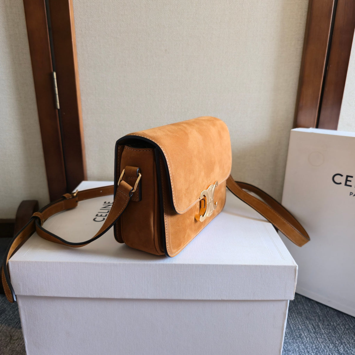 Celine Teen Triomphe Bag in Nubuck Calfskin "Camel"