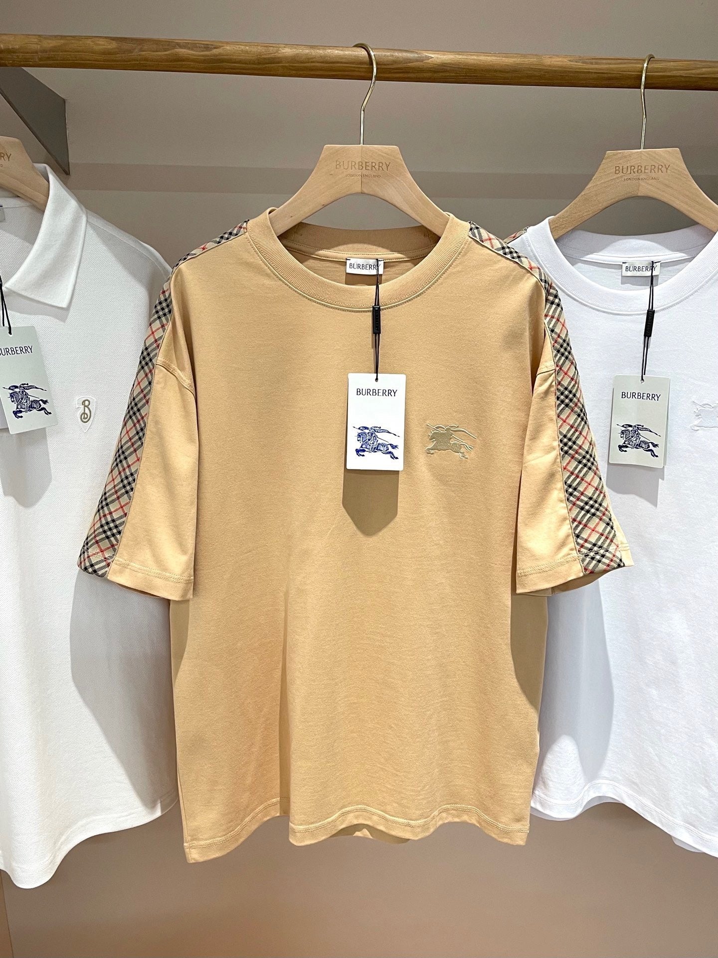 Burberry Check Trim Cotton T-Shirt "Flax Beige"