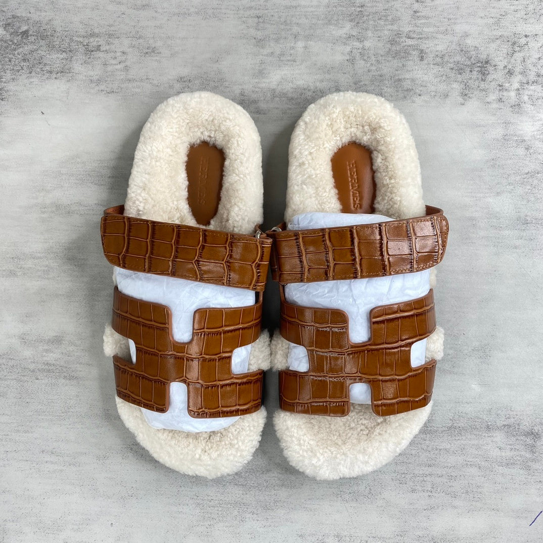 Hermes Chypre Sandals "Brown Crocodile Pattern"