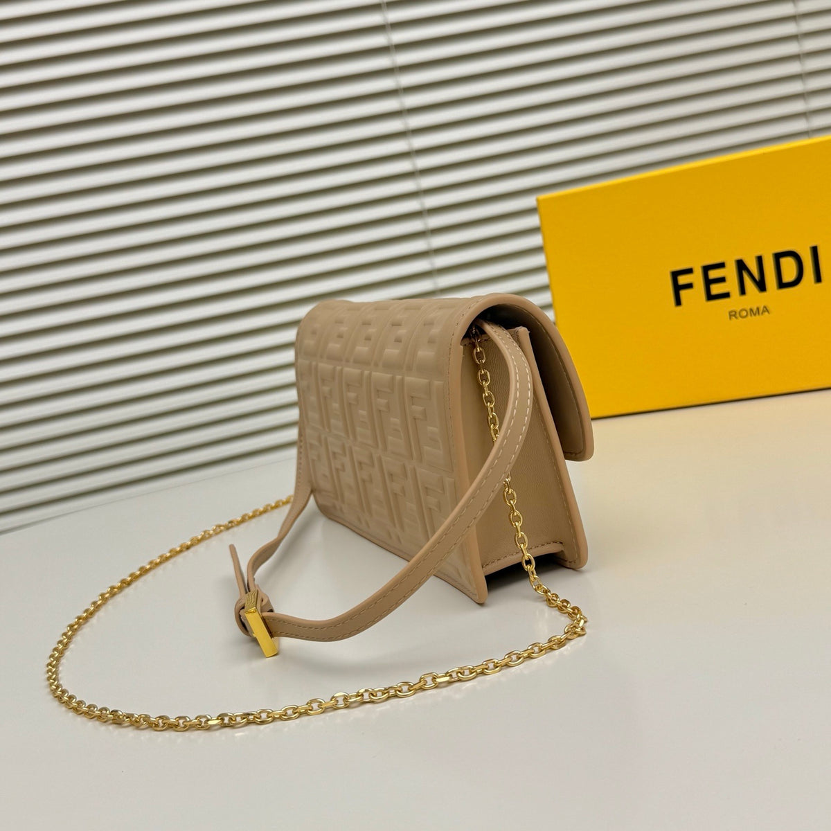 Fendi Tube Wallet On Chain "Light Brown Nappa Leather Wallet with FF Motif"