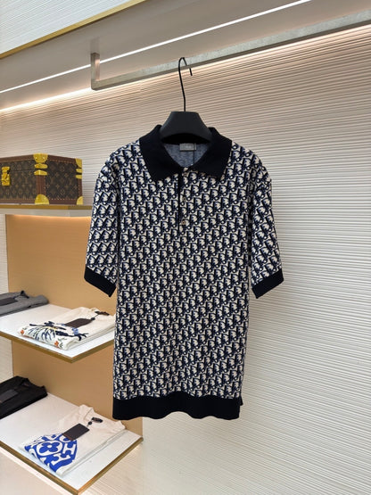 Dior Oblique Polo Shirt "Beige, Blue and Black Cotton Jacquard"