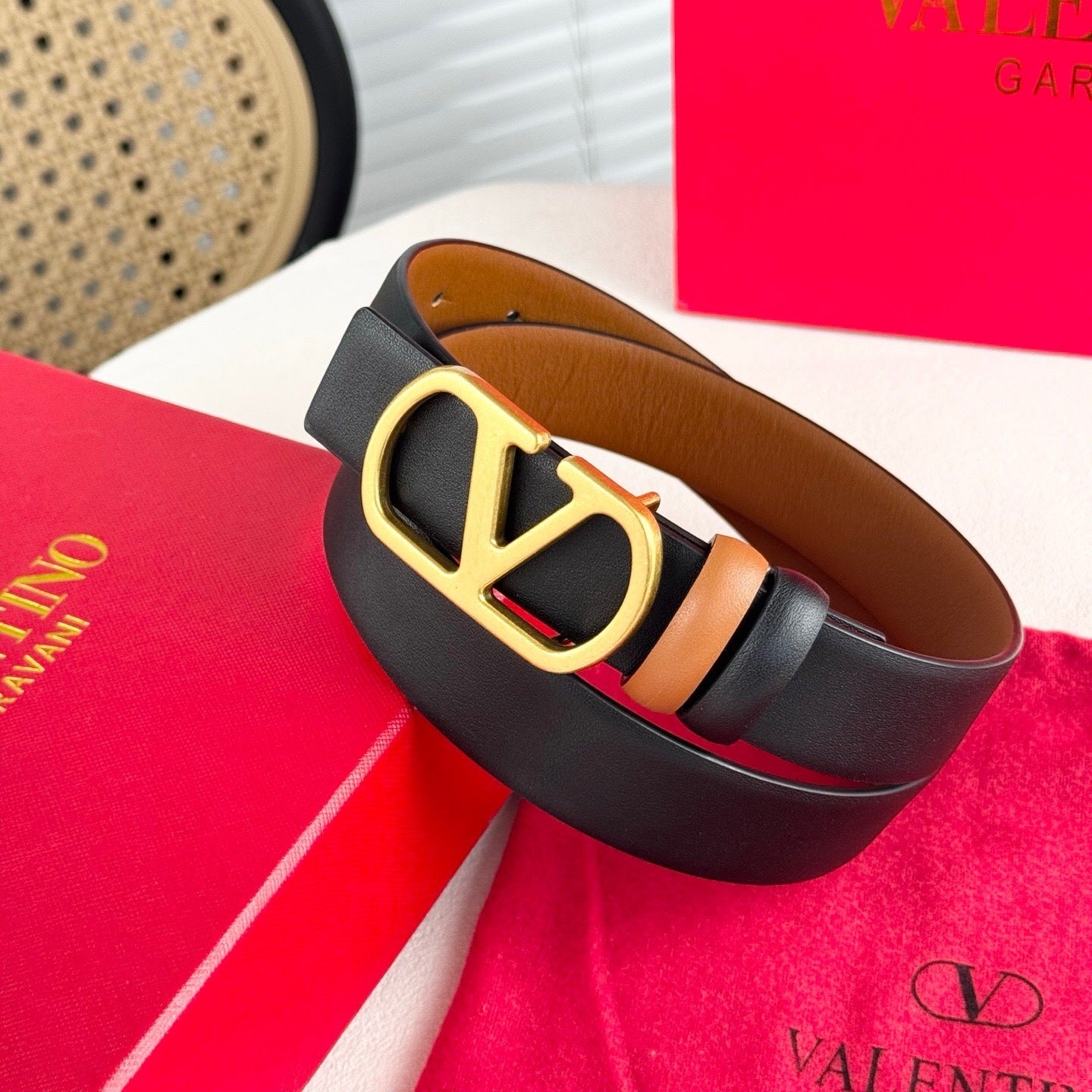 Valentino VLogo Signature Reversible 30mm Leather Belt "Camel" and "Black"