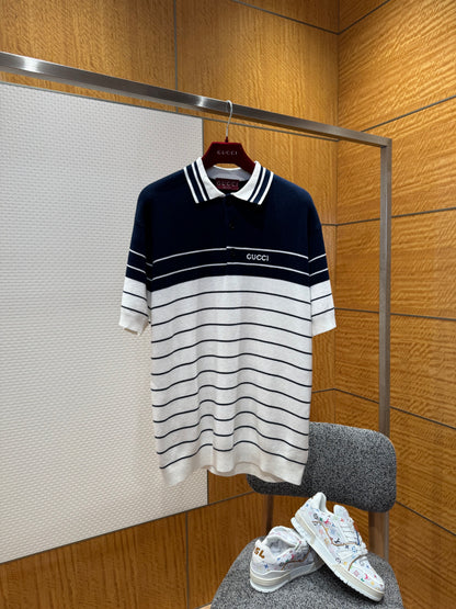 Gucci Logo Striped Cotton Polo T-Shirt "Navy Blue-White"