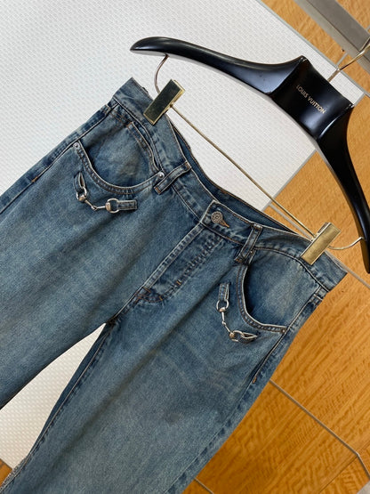 Gucci Cotton Denim Pants with Horsebit Detail