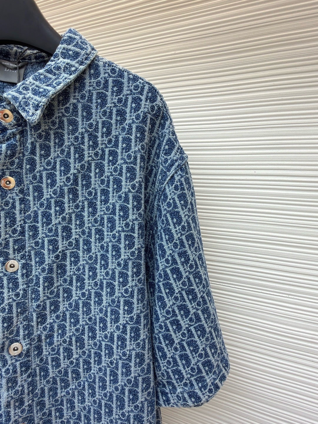 Dior Oblique Short-Sleeved Shirt "Blue Spongy Cotton-Blend Twill"