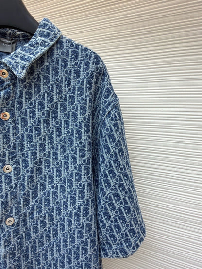 Dior Oblique Short-Sleeved Shirt "Blue Spongy Cotton-Blend Twill"