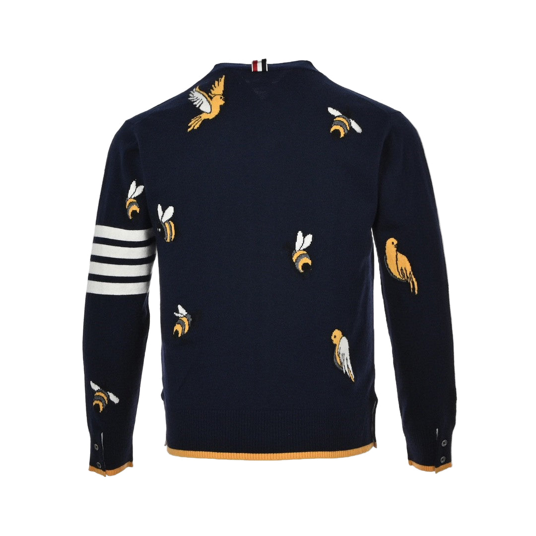 Thom Browne 4-Bar Bees and Birds Cardigan "Navy Blue"