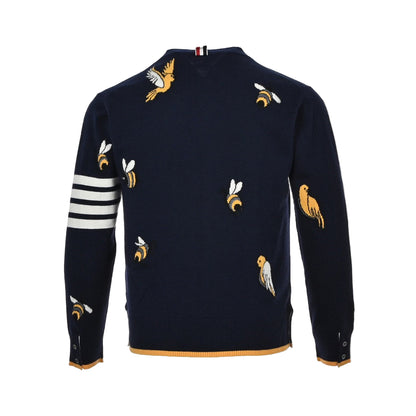 Thom Browne 4-Bar Bees and Birds Cardigan "Navy Blue"